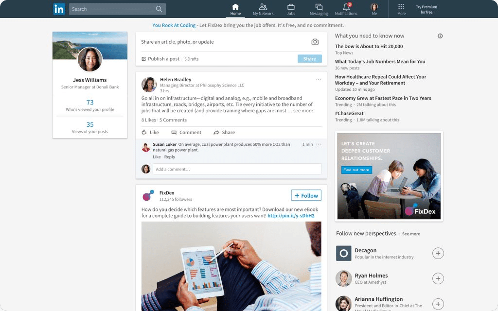 Screenshot van het dashboard van Linkedin