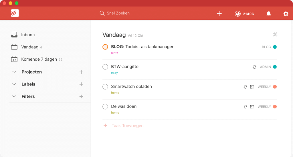 Screenshot van de Todoist app voor desktop